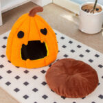 Cozy Pumpkin Pet Cave - Warm Cat & Small Dog Bed, Soft Sleeping Nest 