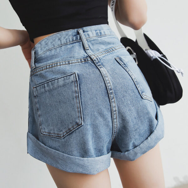 Women's High-Waisted Elastic Denim Shorts with Cuffed Wide Legs - Image 2