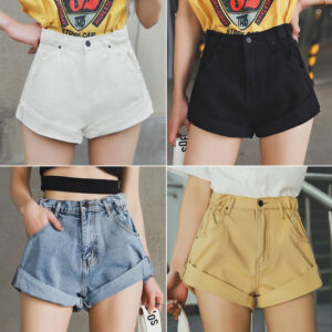 Women's High-Waisted Elastic Denim Shorts with Cuffed Wide Legs