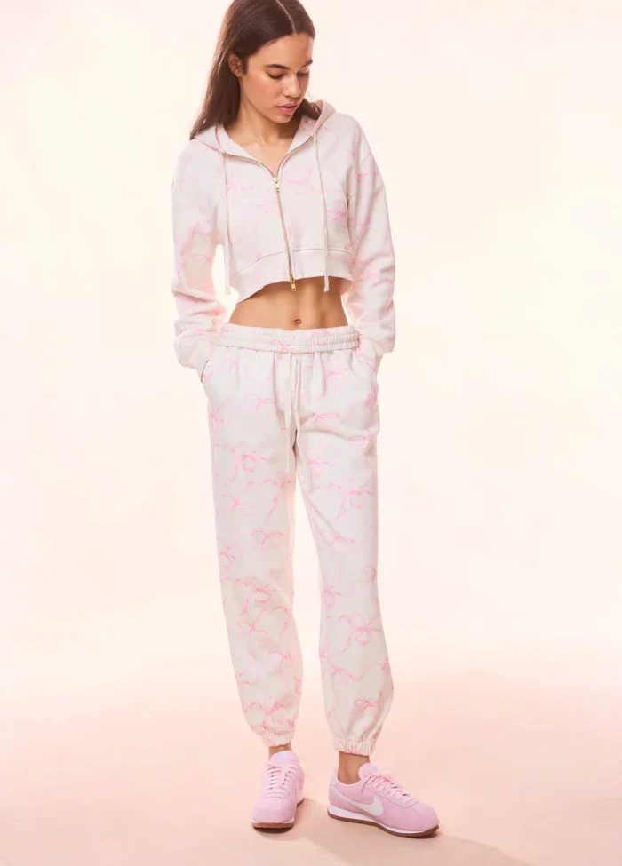 Kalulan Pink Bow Print Crop Hoodie & Jogger Set