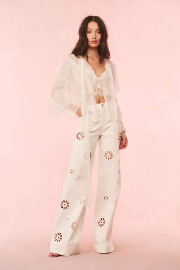 Kalulan White Floral Cutout Wide-Leg Pants