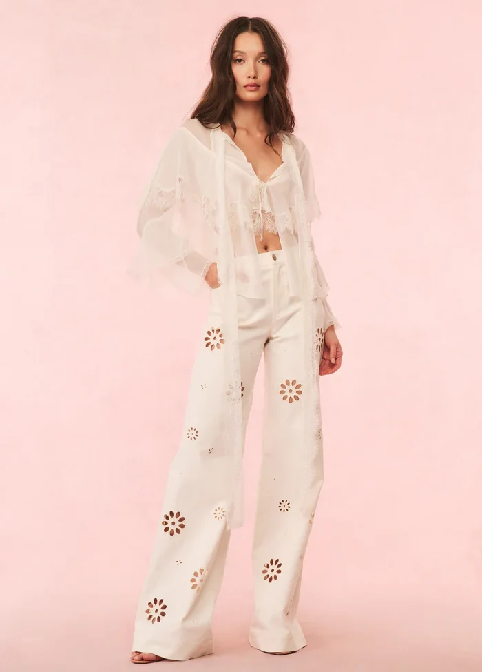 Kalulan White Floral Cutout Wide-Leg Pants