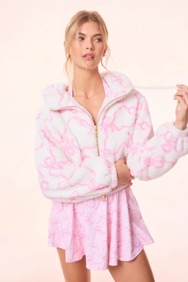 Kalulan Pink Bow Print Zip-Up Sherpa Jacket