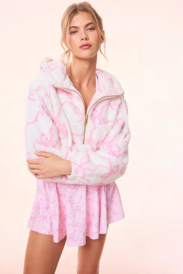 Kalulan Pink Bow Print Zip-Up Sherpa Jacket - Image 3