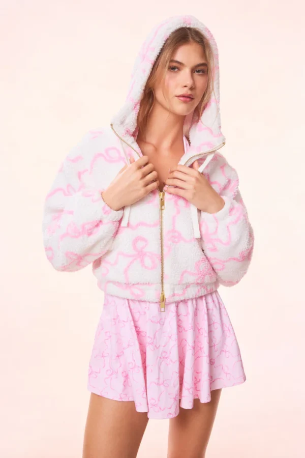 Kalulan Pink Bow Print Zip-Up Sherpa Jacket - Image 4