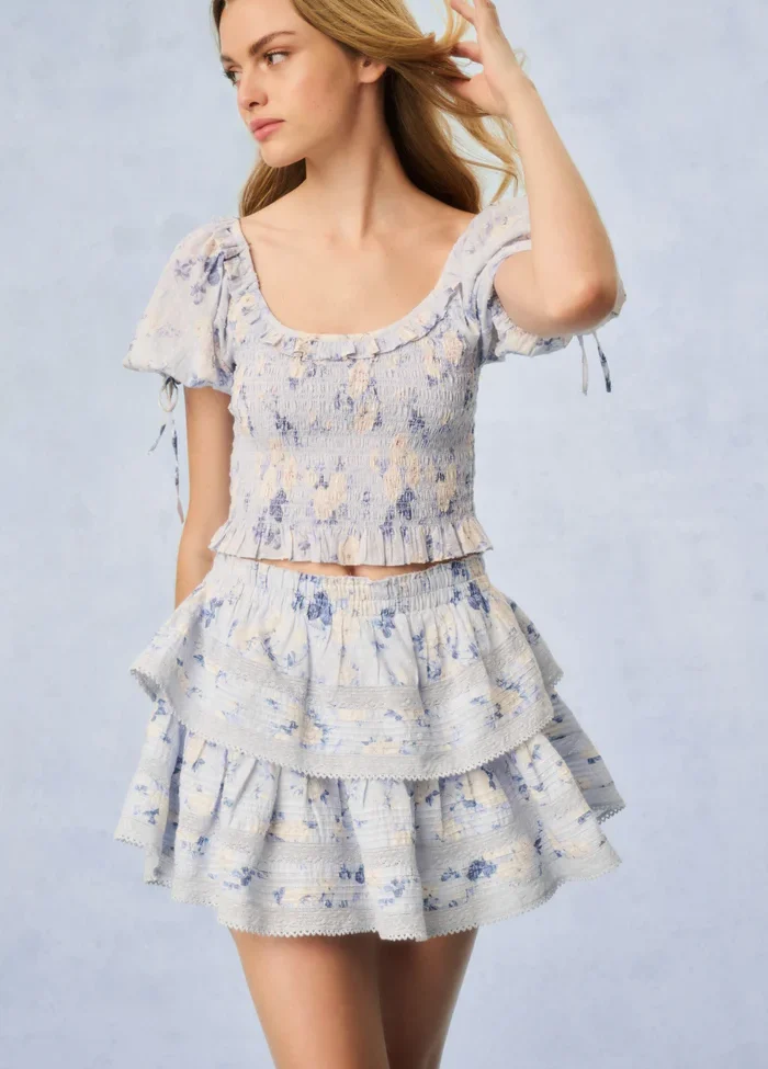 Kalulan White Cherry Embroidery Halter Top & Tiered Skirt Set