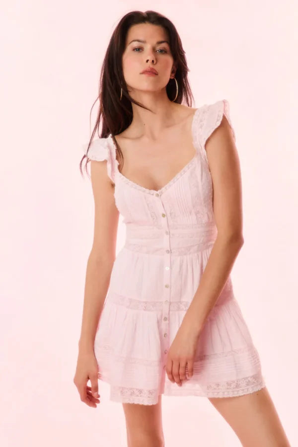 Kalulan Light Pink Lace-Trim Button-Front Mini Dress