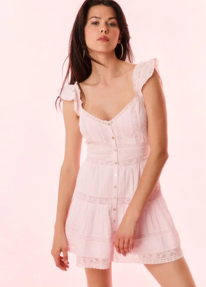 Kalulan Light Pink Lace-Trim Button-Front Mini Dress