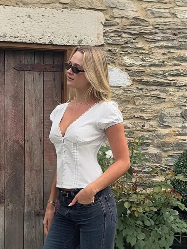 White Lace-Trim Puff Sleeve Corset Top - Image 3