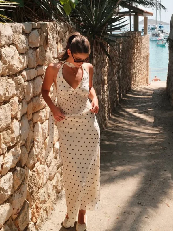 White Polka Dot Halter Top and Maxi Skirt Set - Image 4