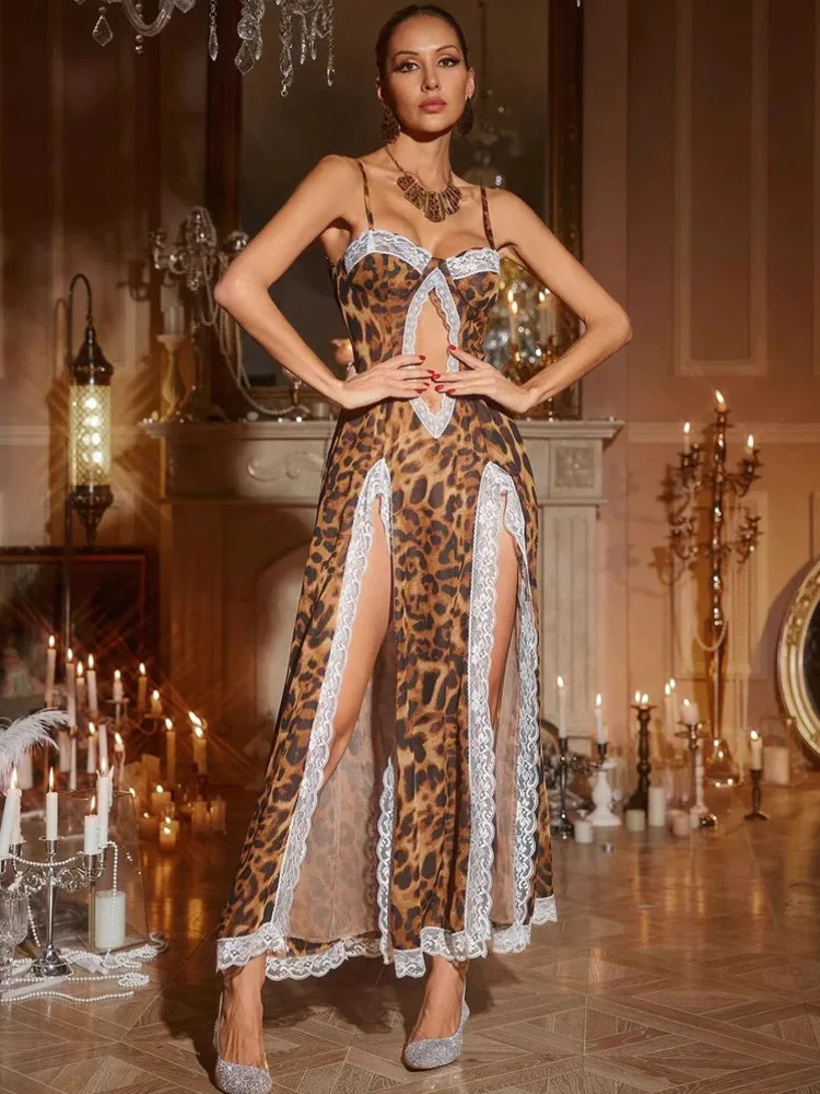 Lace Panel Leopard Print Maxi Dress