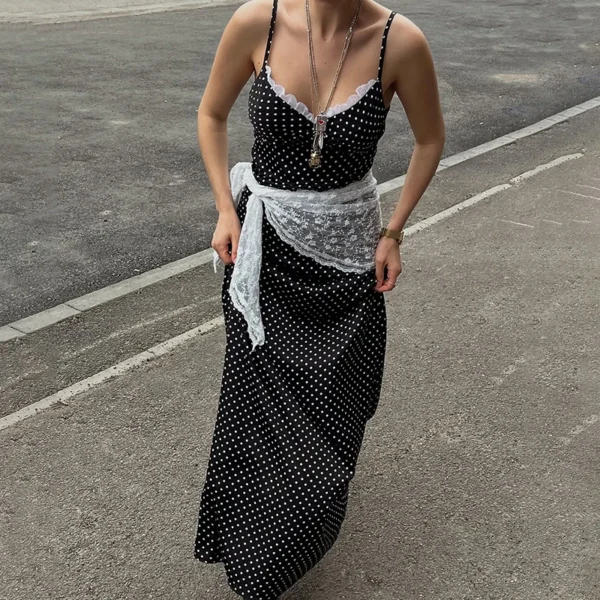 Black Polka Dot Lace-Trim Slip Dress - Image 2