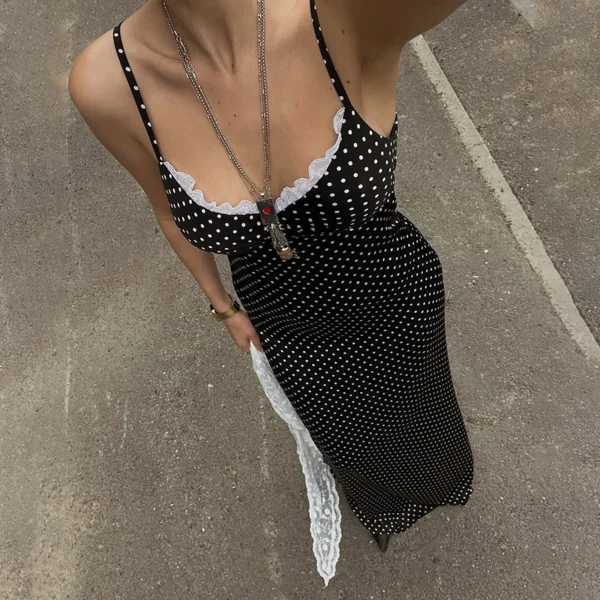 Black Polka Dot Lace-Trim Slip Dress - Image 3