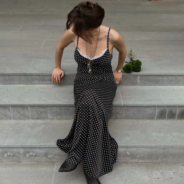 Black Polka Dot Lace-Trim Slip Dress - Image 6