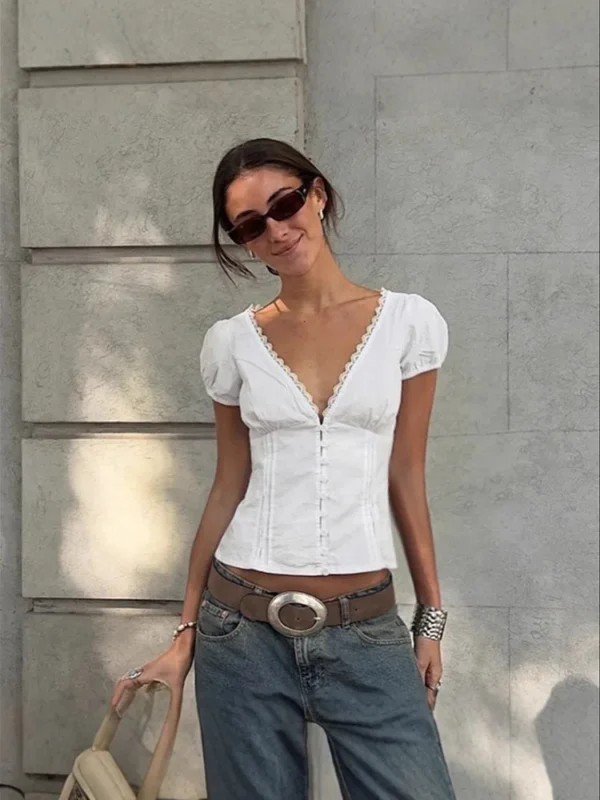 White Lace-Trim Puff Sleeve Corset Top