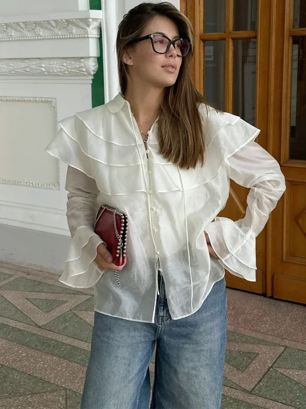 White Ruffled Collar Sheer Blouse