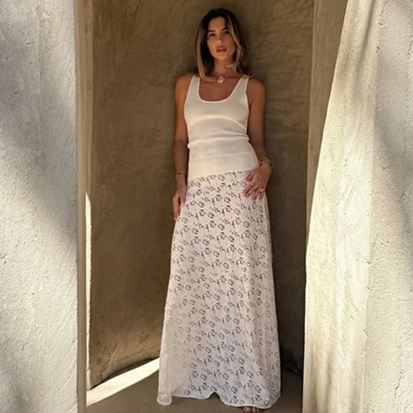 White Floral Lace Maxi Skirt - Image 15