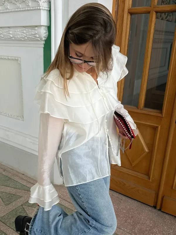 White Ruffled Collar Sheer Blouse - Image 5