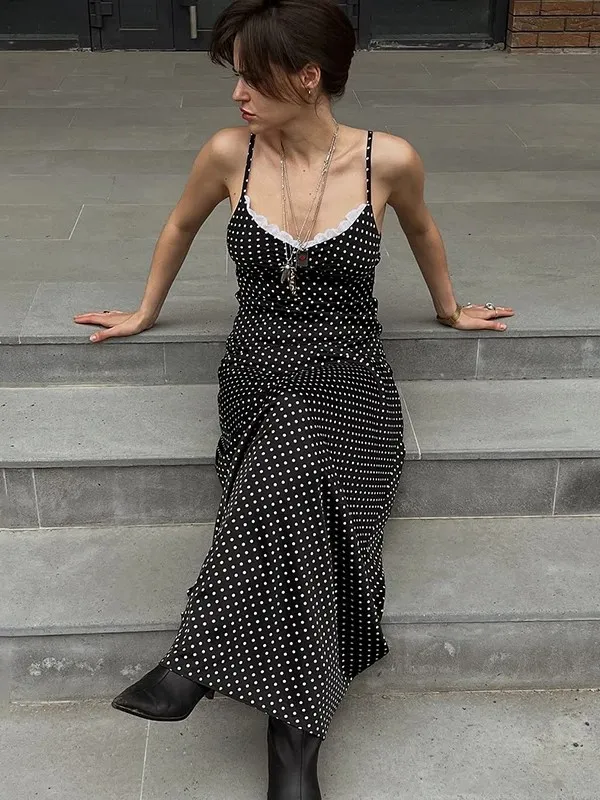 Black Polka Dot Lace-Trim Slip Dress
