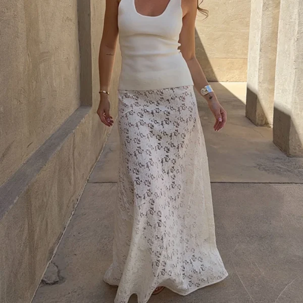White Floral Lace Maxi Skirt - Image 16