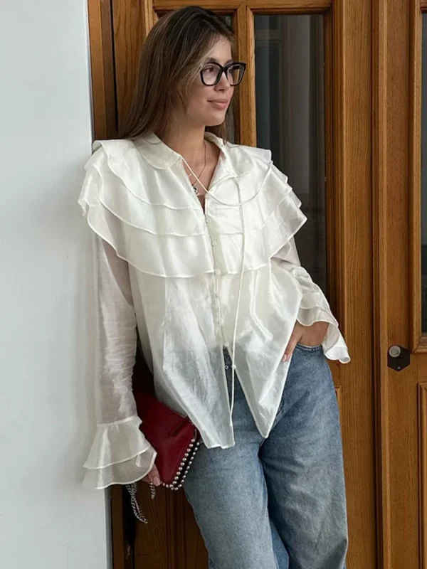 White Ruffled Collar Sheer Blouse - Image 4