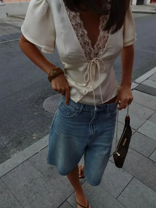 White Satin Lace-Trim Blouse - Image 7