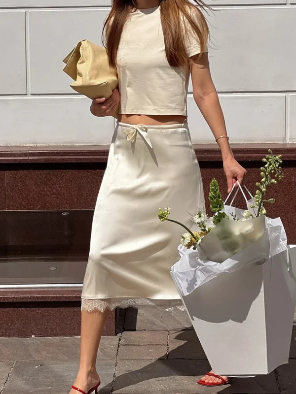 White Satin Lace-Trim Slip Skirt - Image 2