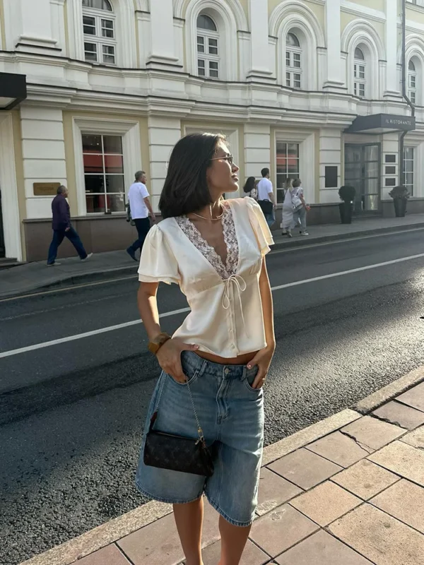 White Satin Lace-Trim Blouse - Image 2