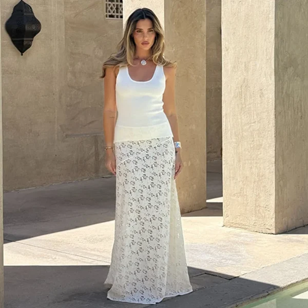 White Floral Lace Maxi Skirt - Image 13