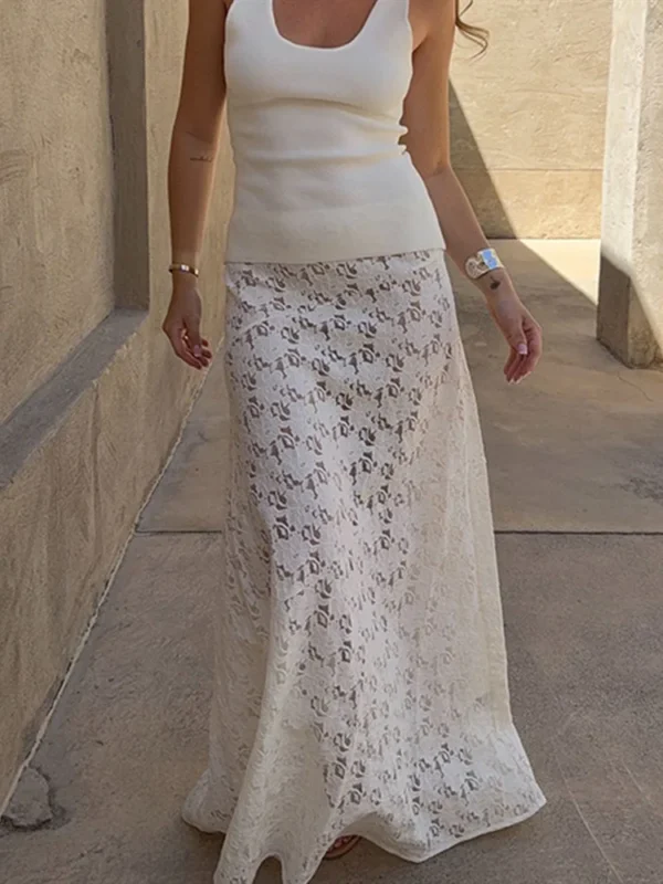 White Floral Lace Maxi Skirt - Image 2