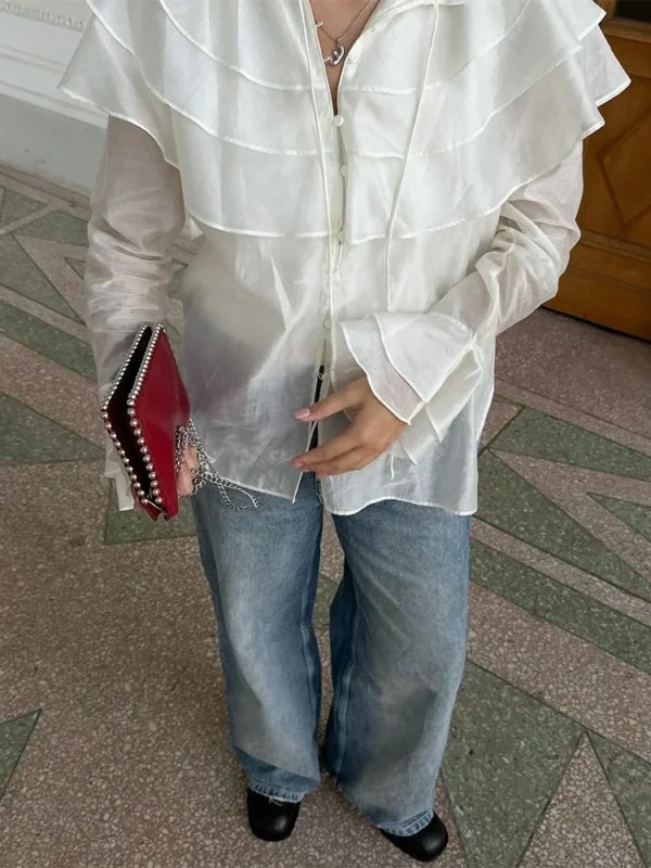 White Ruffled Collar Sheer Blouse - Image 3
