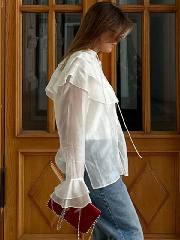 White Ruffled Collar Sheer Blouse - Image 7