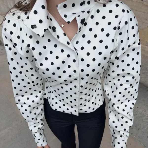 White Polka Dot Mock Neck Blouse - Image 11