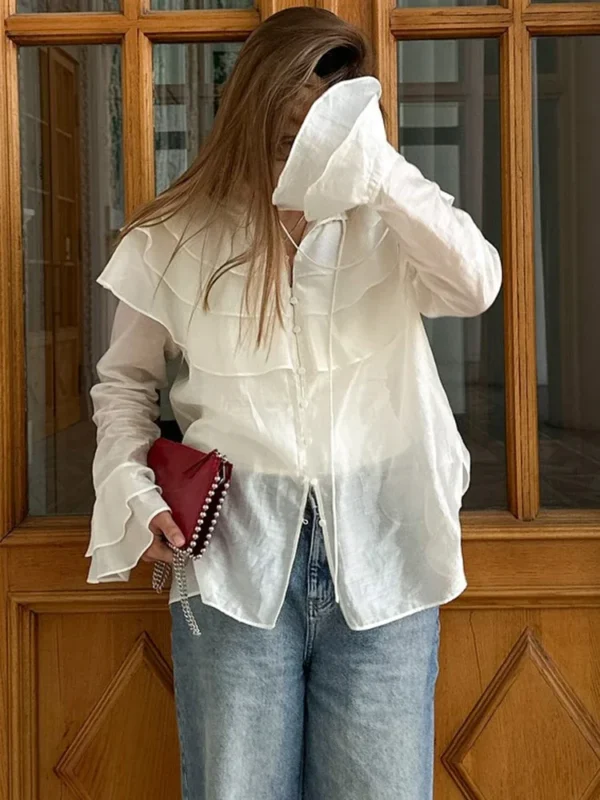 White Ruffled Collar Sheer Blouse - Image 2