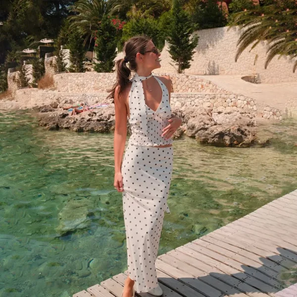 White Polka Dot Halter Top and Maxi Skirt Set - Image 7
