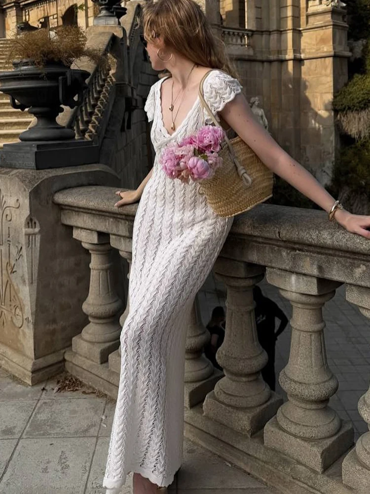 White Knit V-Neck Maxi Dress