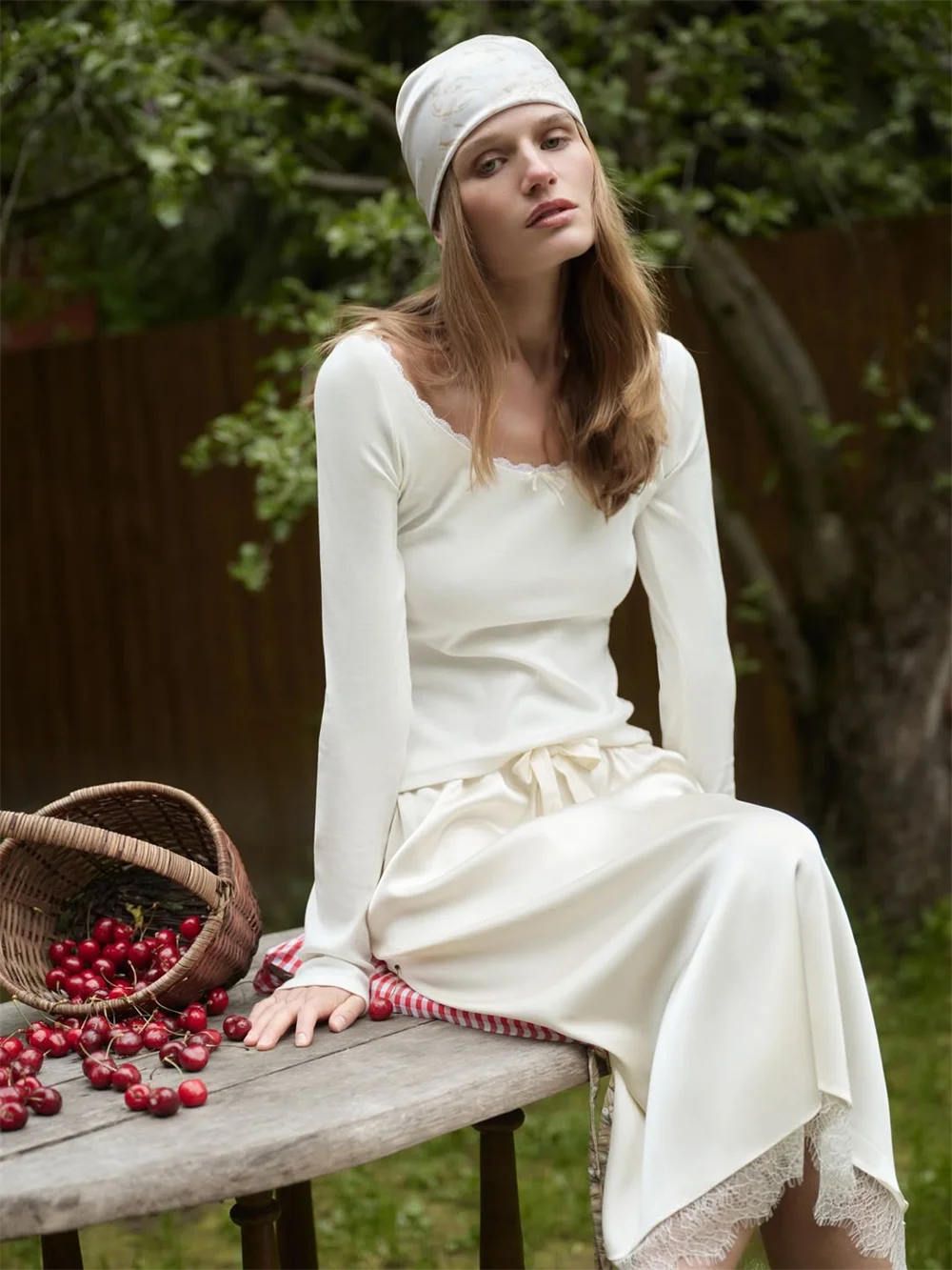 White Satin Lace-Trim Slip Skirt