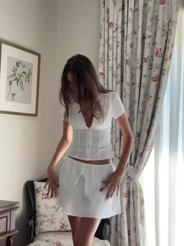 White Pleated Button-Up Shirt and Mini Skirt Set - Image 4